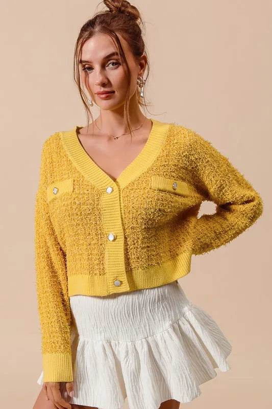 SO ME Frayed Tweed Knit Buttoned Front Cardigan