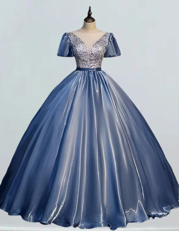 Women's Elegant Blue Satin Sequin V-Neck Prom Dress | Scoop Neck Evening Gown