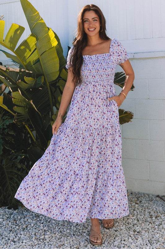 Bubble Sleeve Shirred High Waist Maxi Dress