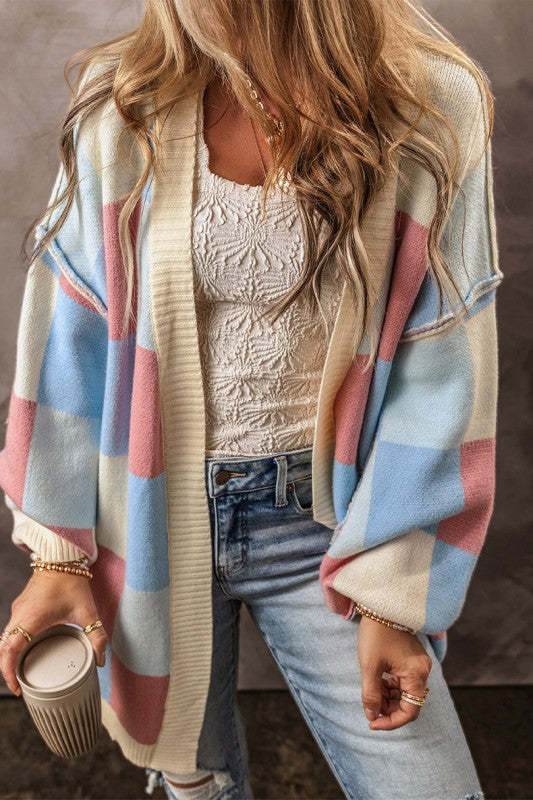 Checkered Drop Shoulder Seam Open Front Cardigan
