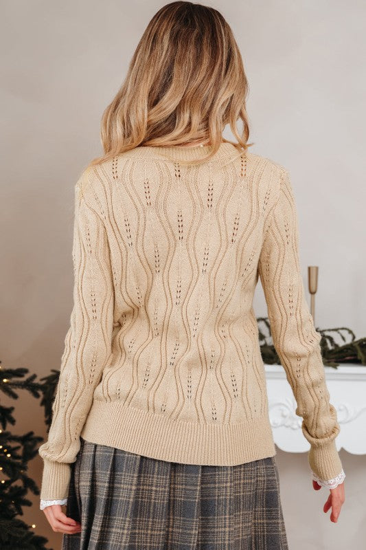 Pearl Beaded Pointelle Knit V-Neck Lace Trim Sweat