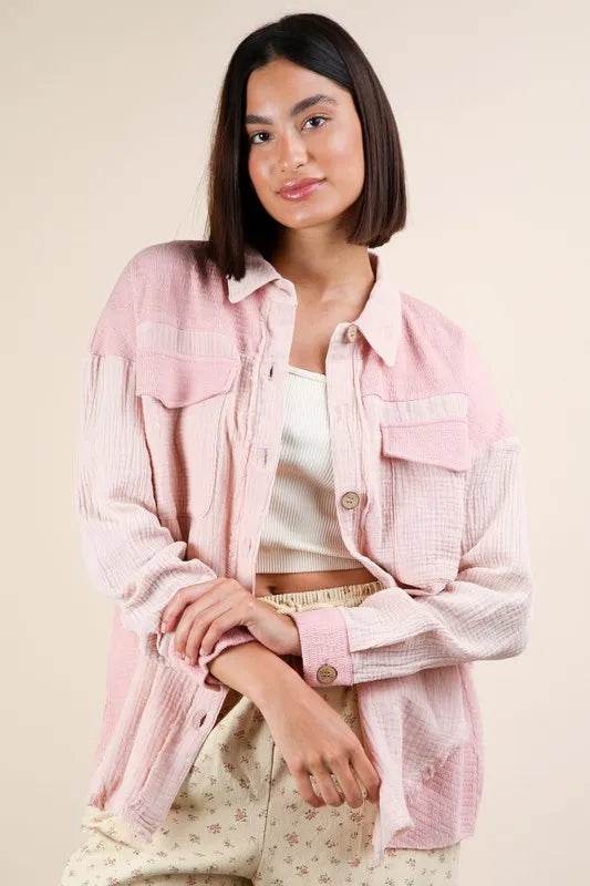VERY J Mineral Washed Oversized Gauze Shacket