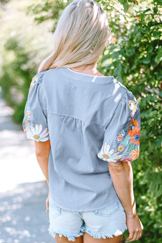 Hadlee Floral Embroidered Puff Sleeve Split Neck B