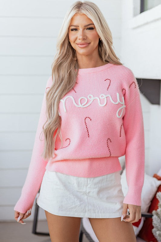 Merry Candy Cane Embroidered Crewneck Sweater