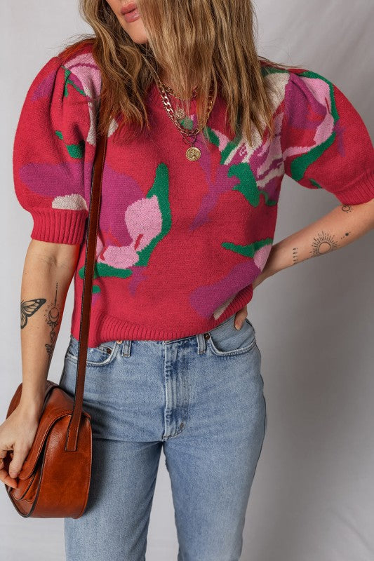Floral Abstract Short Puff Sleeve Sweater