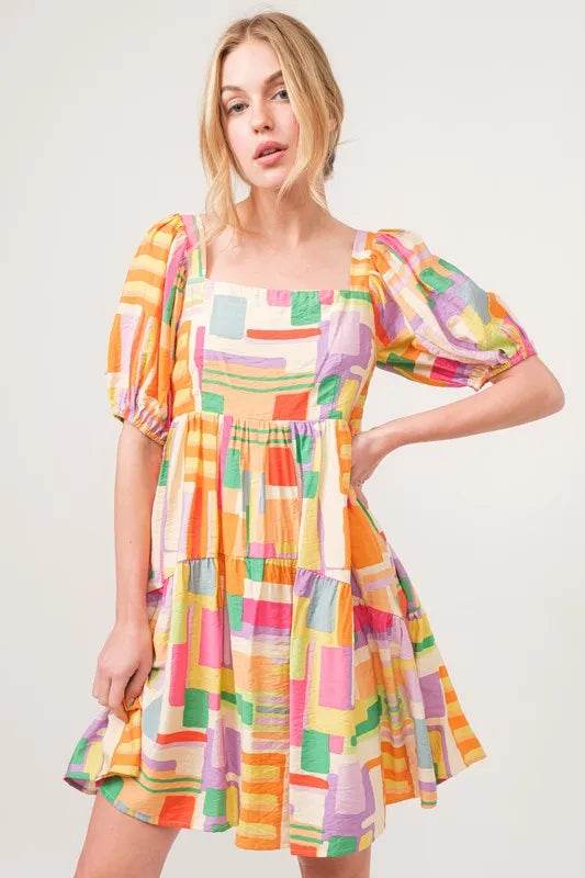 And The Why Square Neck Puff Sleeve Geo Printed Mini Dress