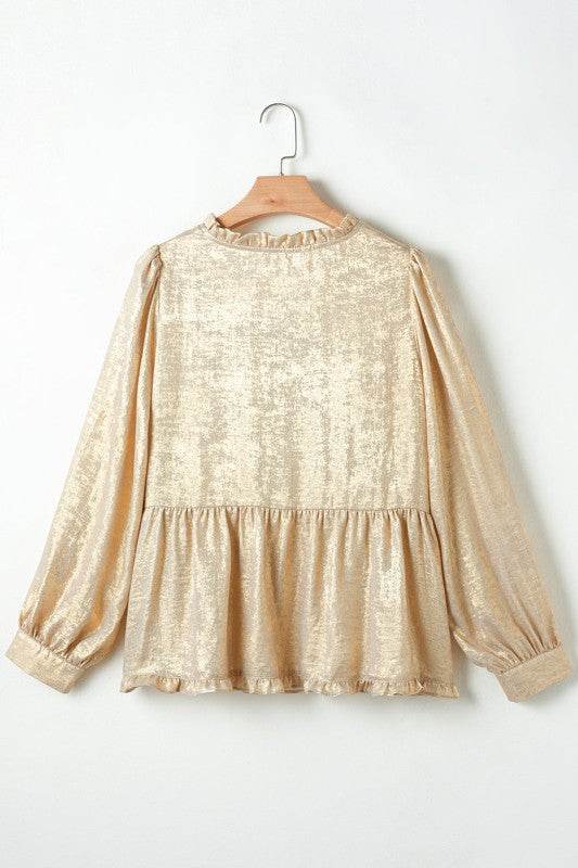 Metallic Frilled V Neck Puff Sleeve Babydoll Blous