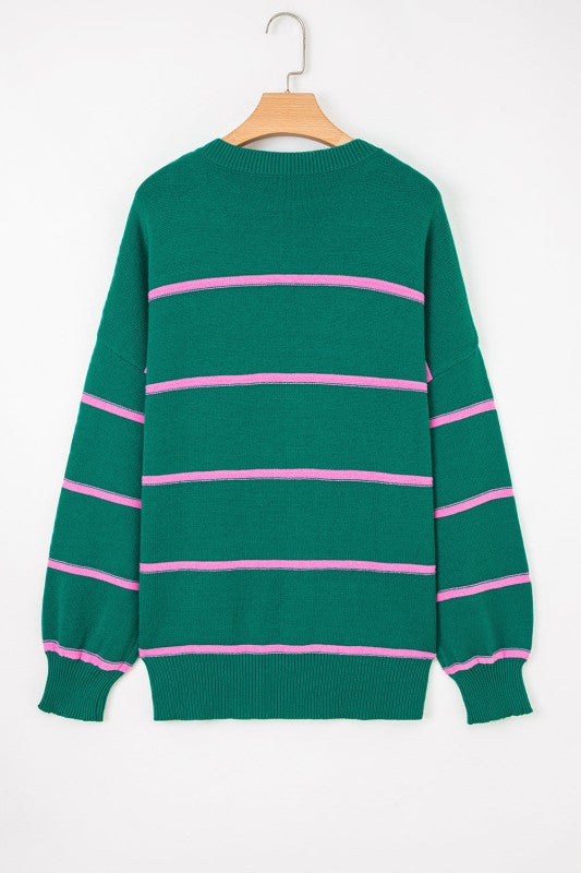 Plus Size Stripe Half Button Drop Shoulder Sweater