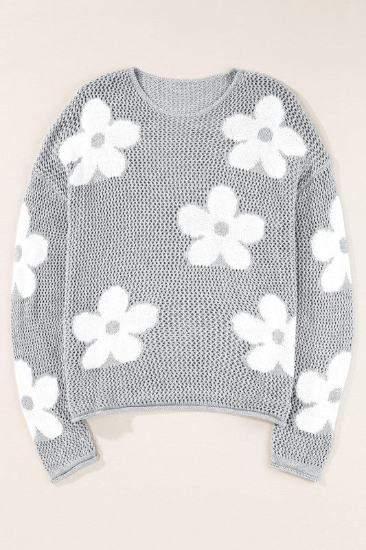 Dulce Big Flower Hollowed Knit Drop Shoulder Sweat