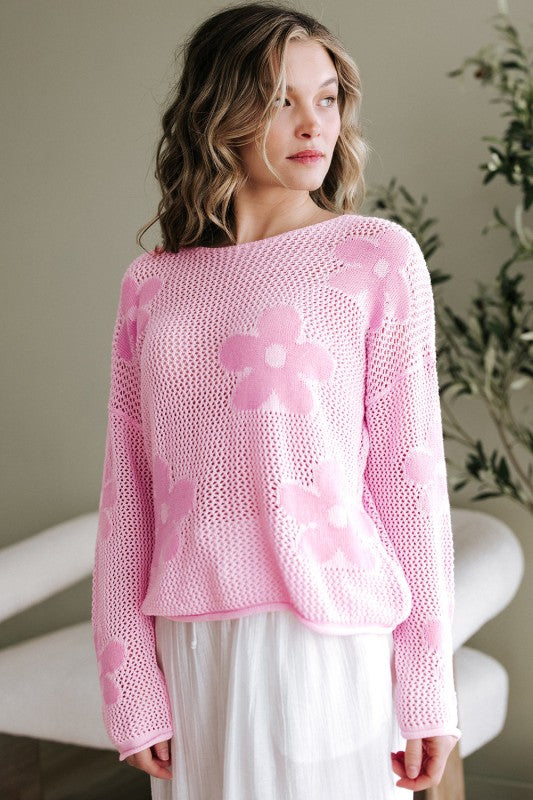 Dulce Big Flower Hollowed Knit Drop Shoulder Sweat