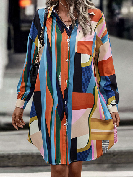 Long Sleeve Printed Lapel Shirt Dress
