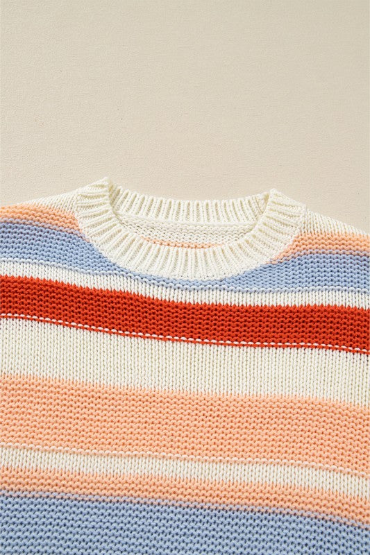 Stripe Colorblock Round Neck Drop Shoulder Sweater