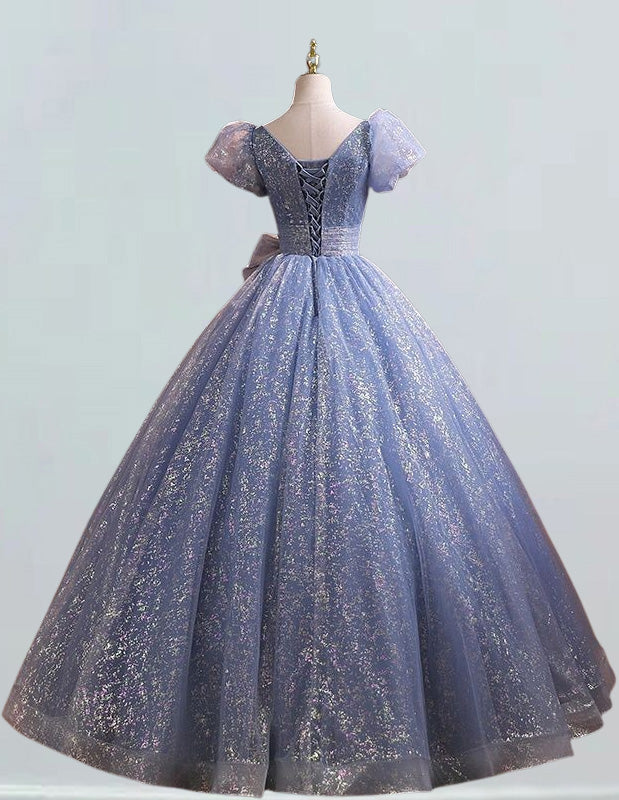 Grey Blue sparkle lace Prom Dress Short sleeve Formal Party Evening Gowns Plus Size Floor Length