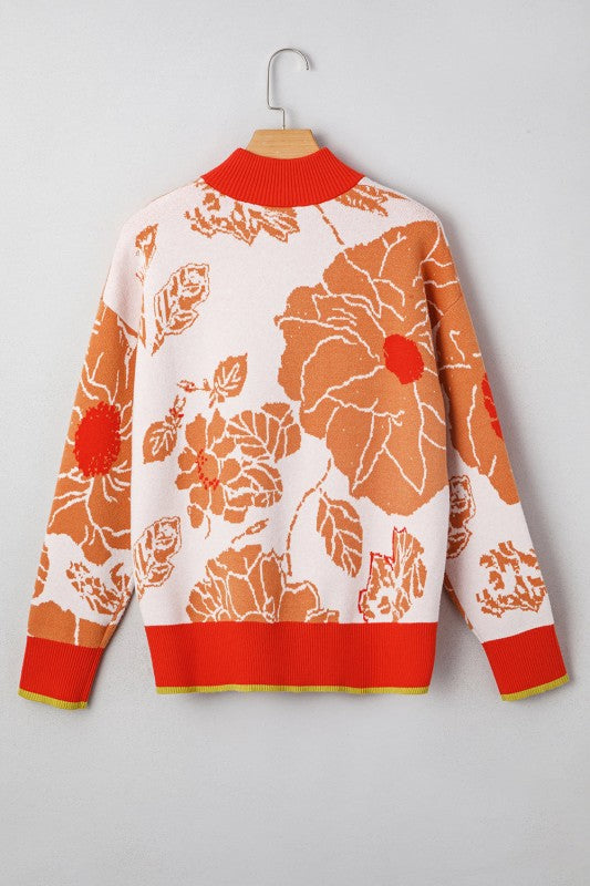 Floral Half Zip Collared Pullover Sweater