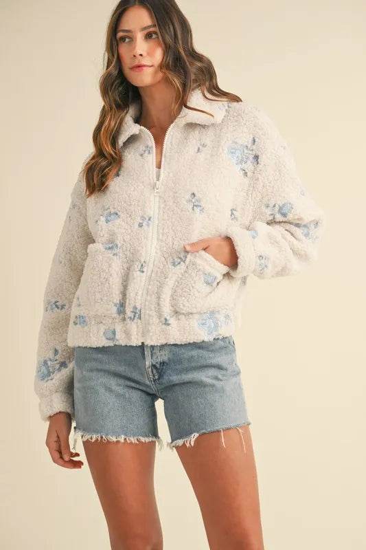MABLE Floral Embroidered Fleece Teddy Jacket