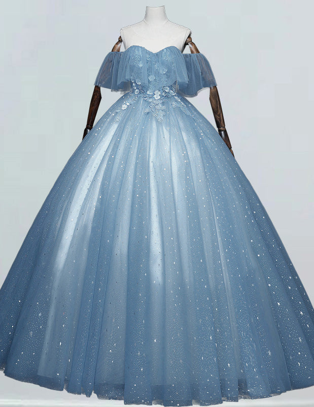 Blue Floor length Ball Gown Off-the-shoulder Princess Bridal Dress Applique Lace Evening DressTulle A line Long Formal Party Gown