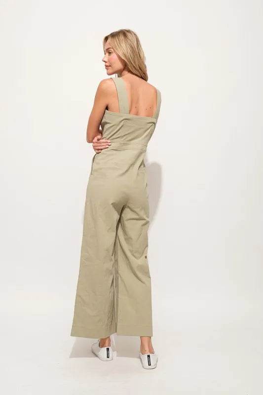 And The Why Square Neck Button Down Cropped Wide Leg Jumpsuit