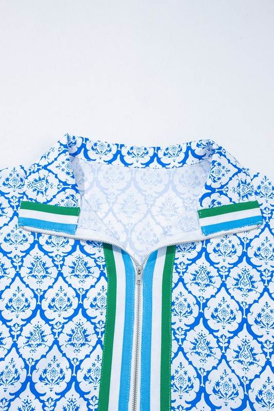 Sky Blue Colorblock Striped Collar Bohemian Print