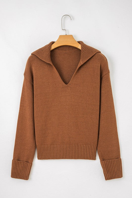 Solid Collared V-Neck Ribbed Edge Sweater