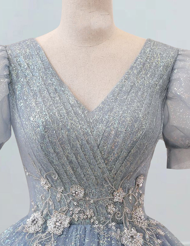 Women's Elegant Lace V-Neck Evening Gown with Sleeves | Princess Prom & Bridesmaid Dress