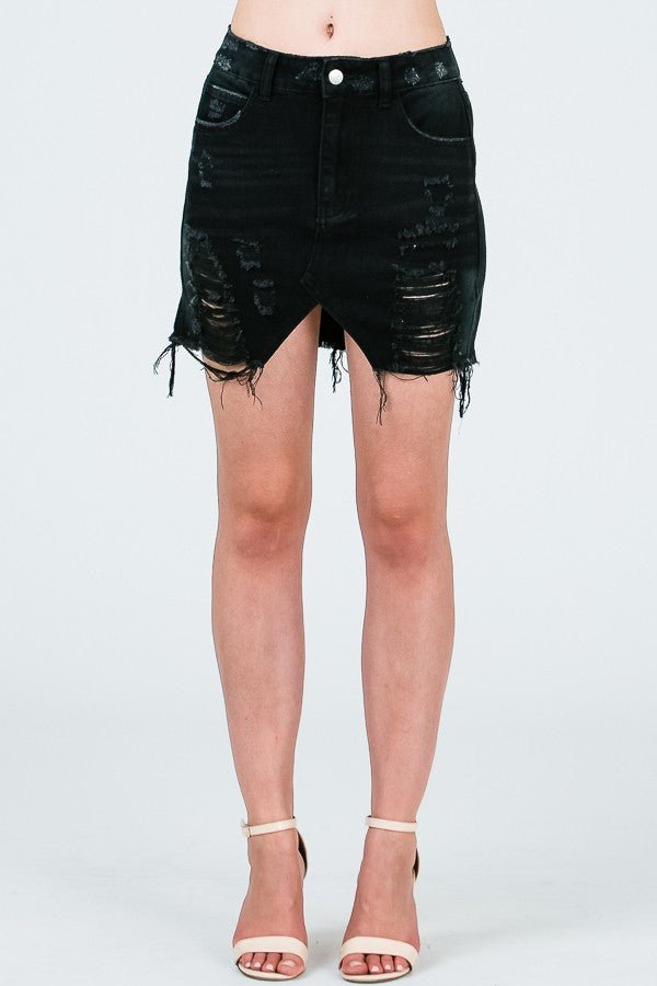 DISTRESSED MINI SKIRT W/ TRIANGLE CUTOUT