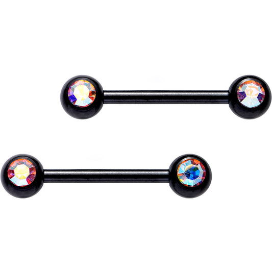 14G 9/16 Aurora Gem Black PVD Barbell Nipple Ring Set