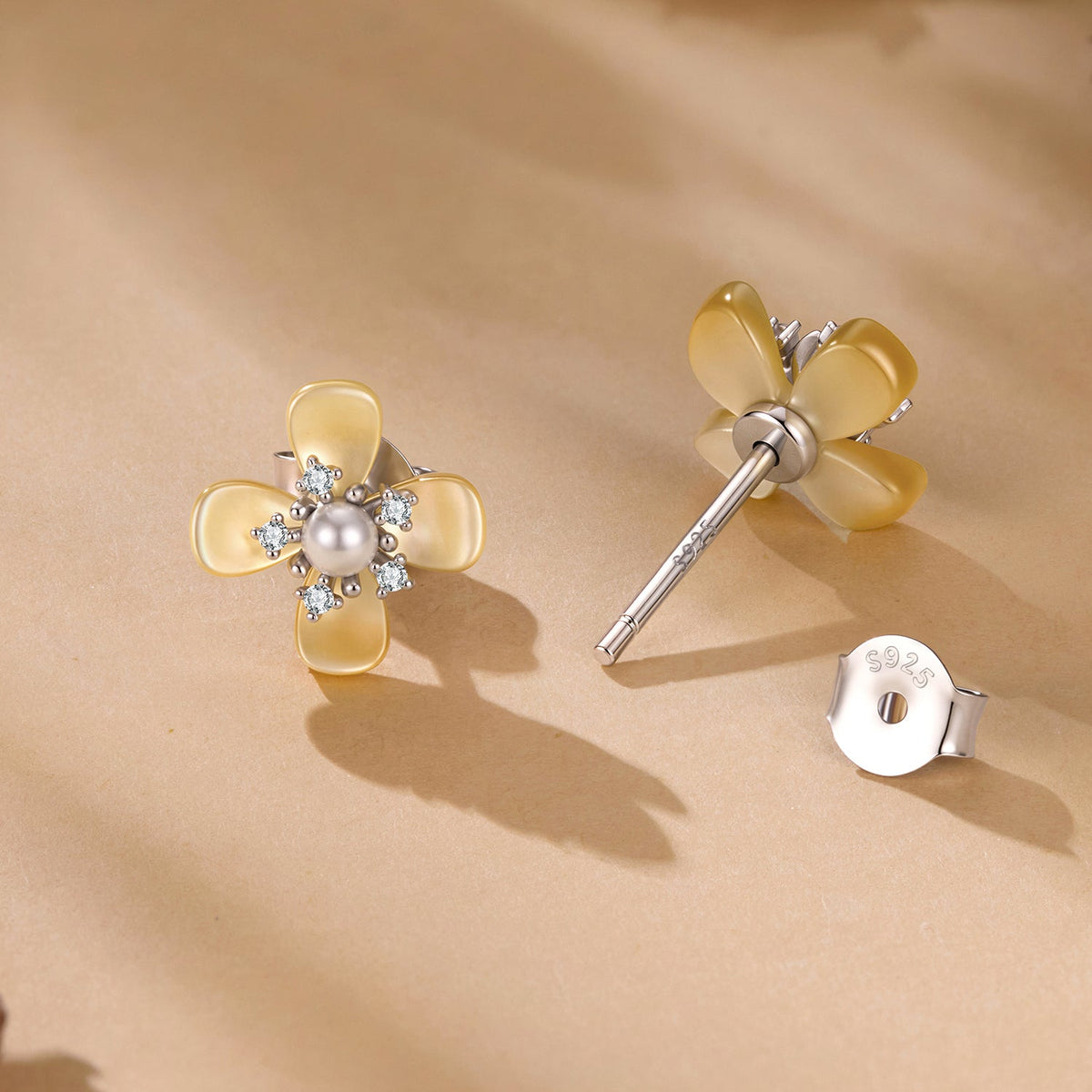 925 Sterling Silver White 0.85x0.85cm Nacre Synthetic Pearl CZ Earrings for Women