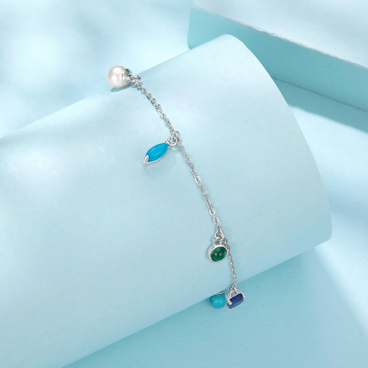 925 Sterling Silver White Gold Plated Synthetic Opal Pearl Turquoise 16+5cm Bracelet for Women