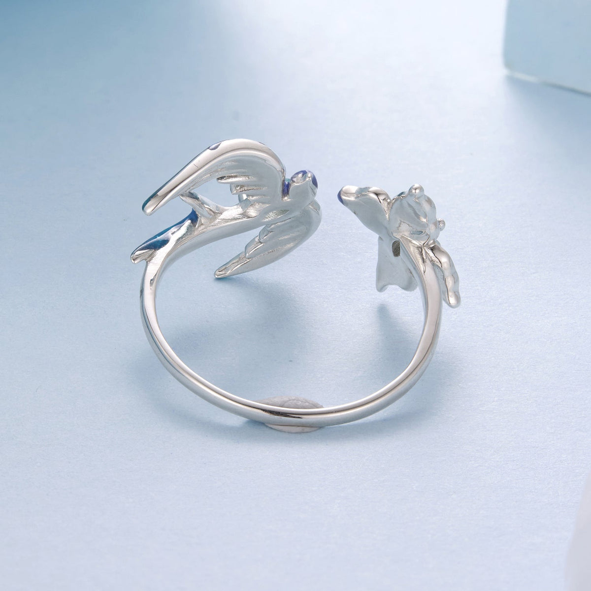 925 Sterling Silver White Gold Plated Enamel Transparent Glass 1.2cm Bird Ring for Women