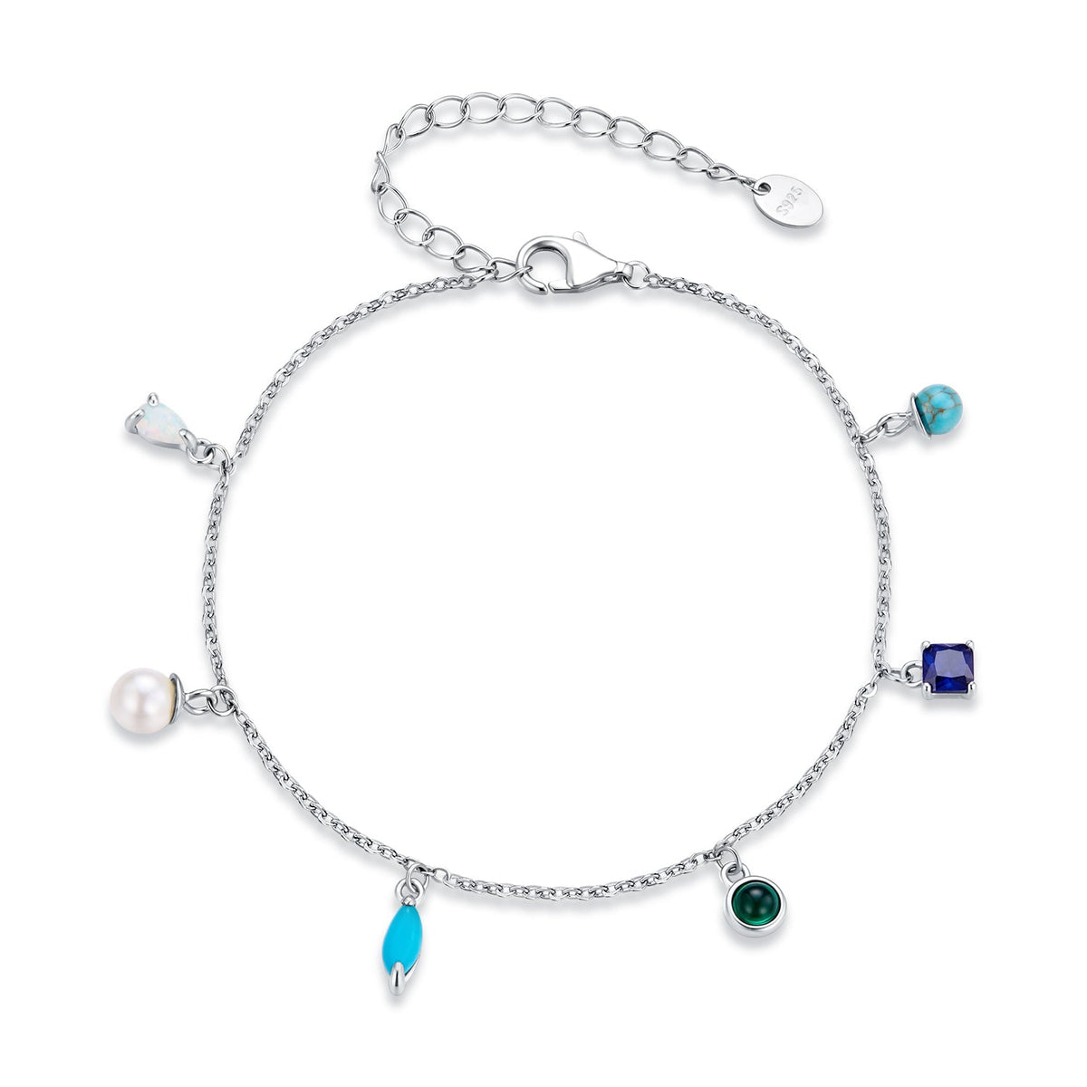 925 Sterling Silver White Gold Plated Synthetic Opal Pearl Turquoise 16+5cm Bracelet for Women