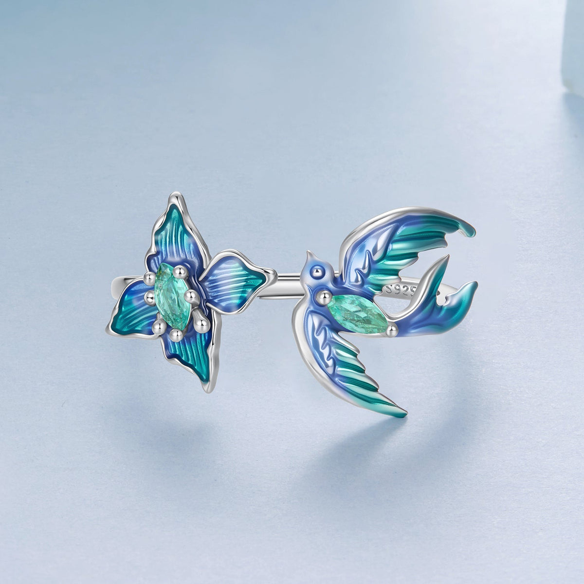925 Sterling Silver White Gold Plated Enamel Transparent Glass 1.2cm Bird Ring for Women