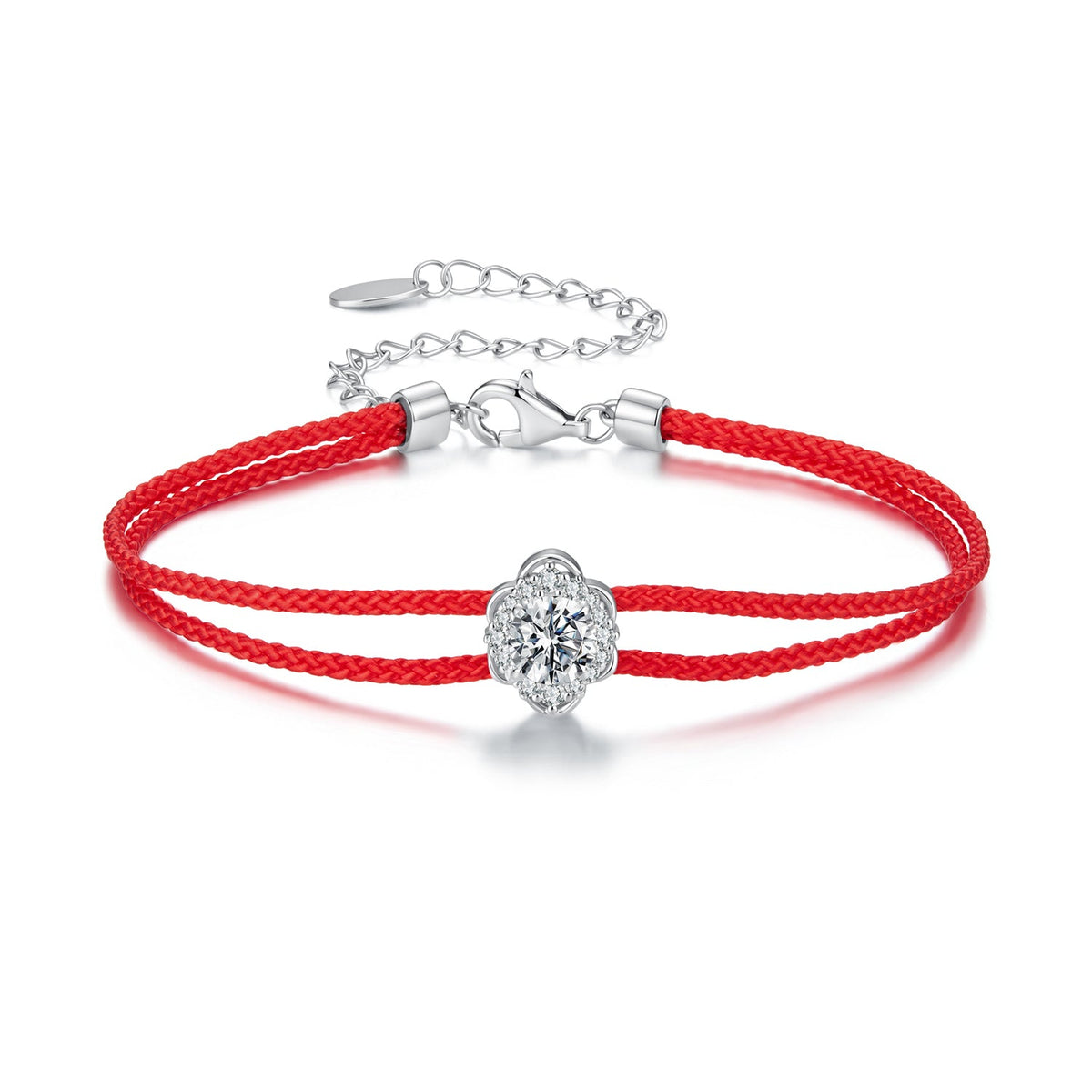 925 Sterling Silver White Gold Plated Round Moissanite 15+6cm Cotton Cord Bracelet for Women
