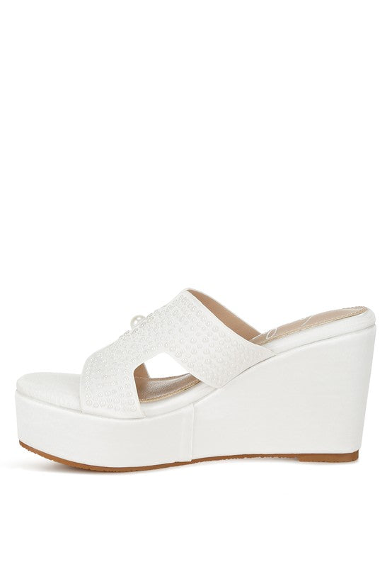 Renier Satin Pearl Detail Wedge Sandals