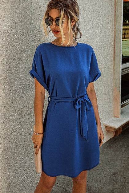 Solid Round Neck Tie Waist Belt Fit Dress