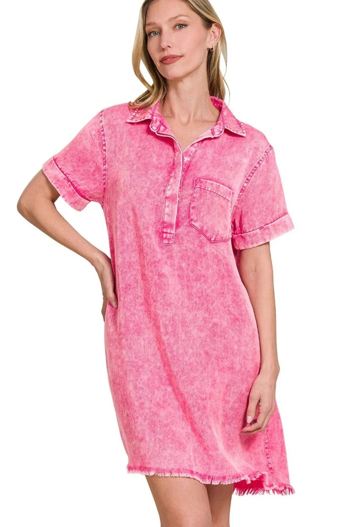 Zenana Tencel Mineral Washed Collared Shirts Dress