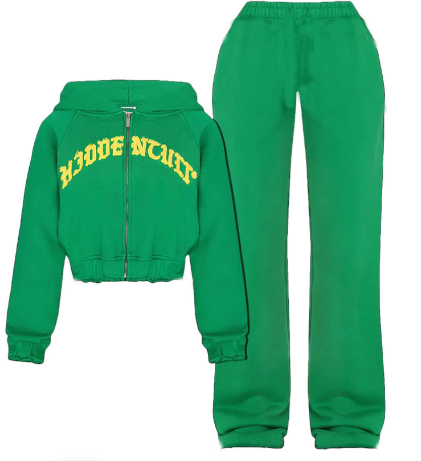 Ins Letter Sports Suit Zip-up Hooded Cropped Sweatshirt Top And Loose Drawstring Trousers