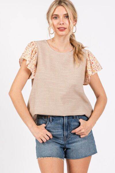 Ces Femme Round Neck Floral Short Sleeve Top