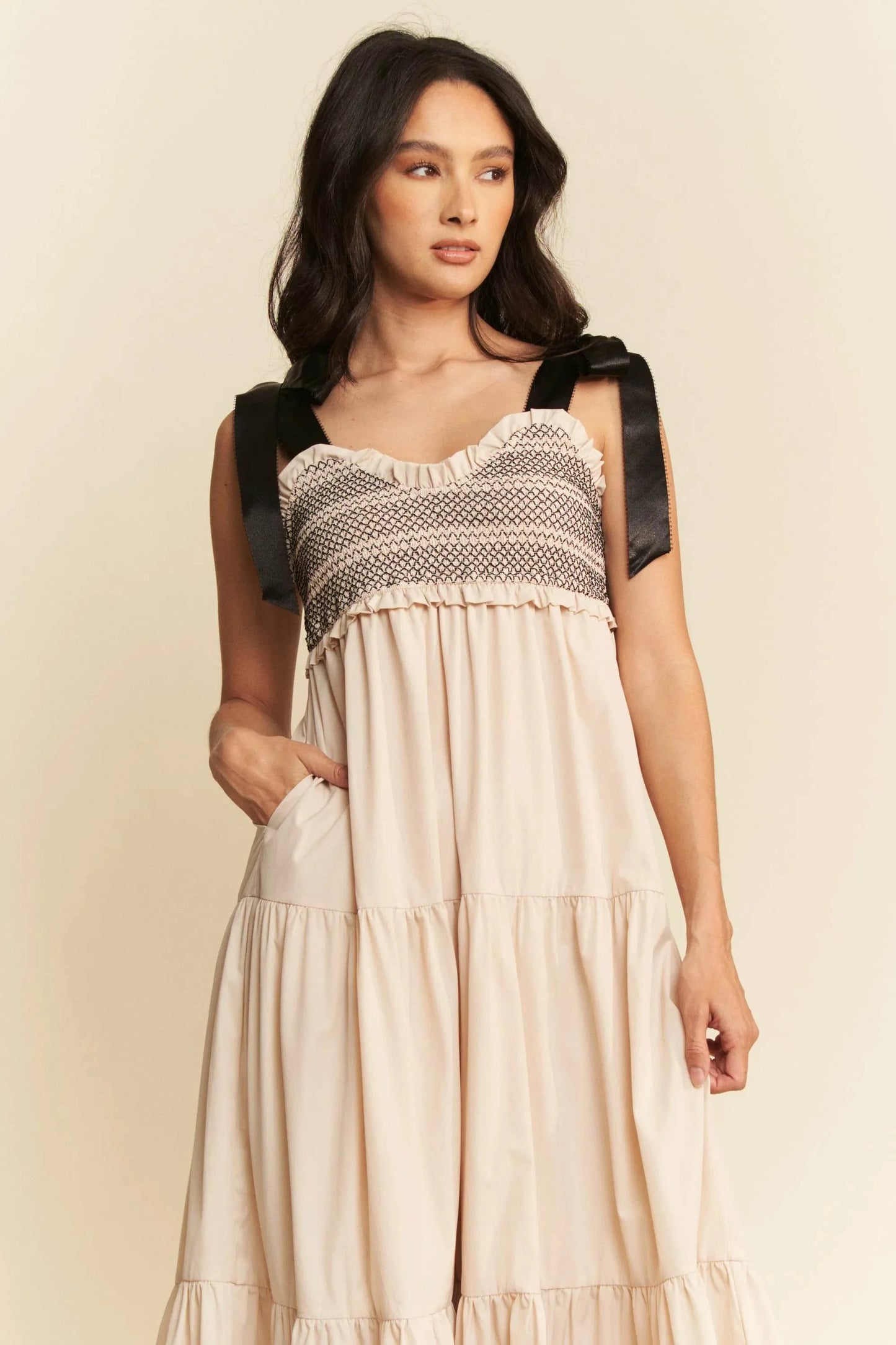 Davi & Dani Multi Contrast Smocked Bodice Straps Maxi Dress