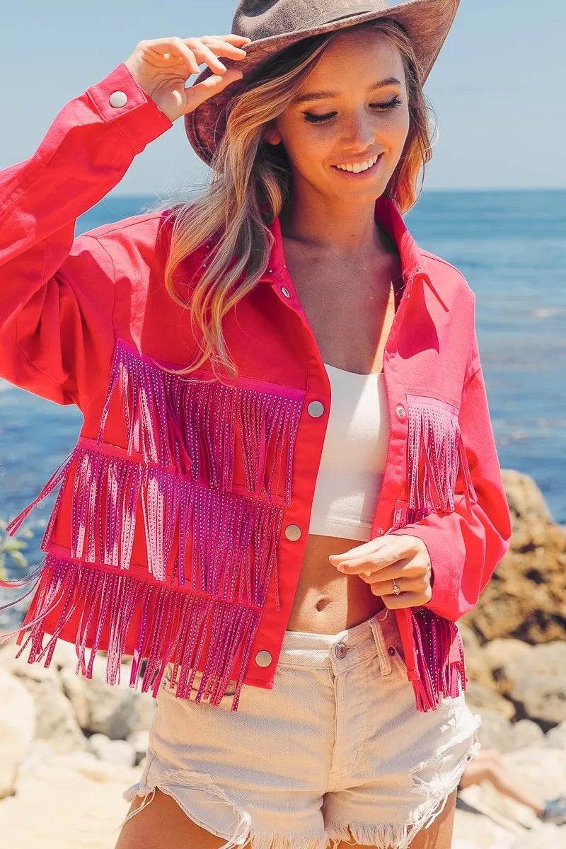 BiBi Rhinestone Fringe with Studed Collar Jacket