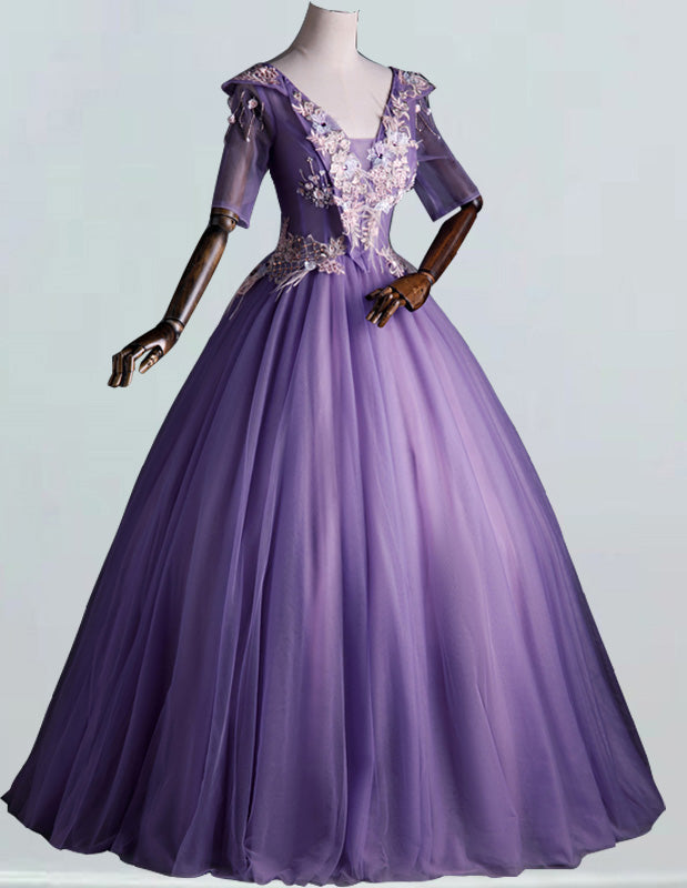 Elegant Purple V-Neck Tulle Prom Dress | Lace Applique Sleeves | Evening Gown