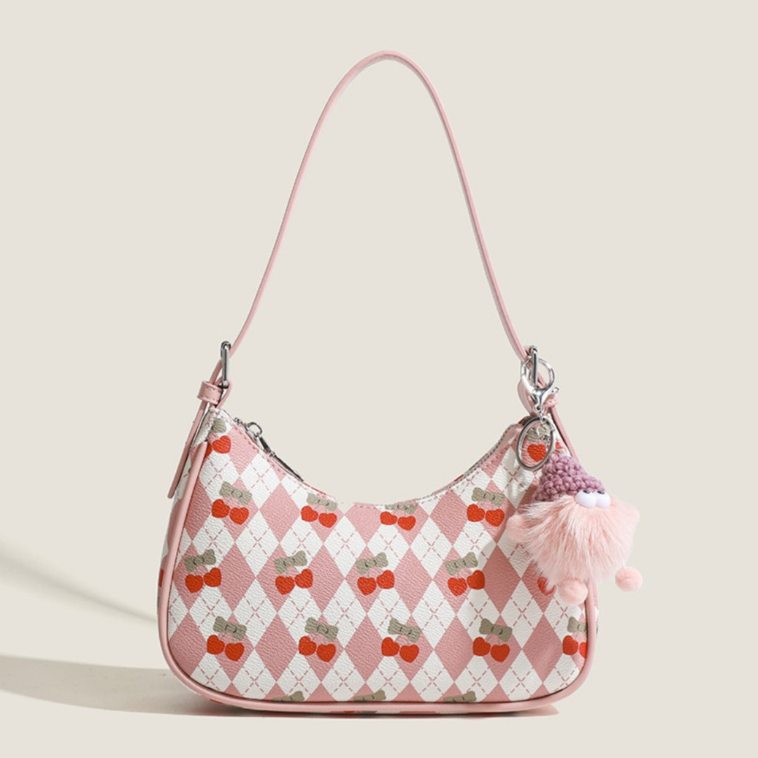 Small versatile underarm bag, cute cherry pattern shoulder bag, top handle bag, crescent bag  hobo