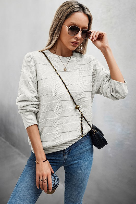 Solid Round Neck Knit Loose Long Sleeves Sweater