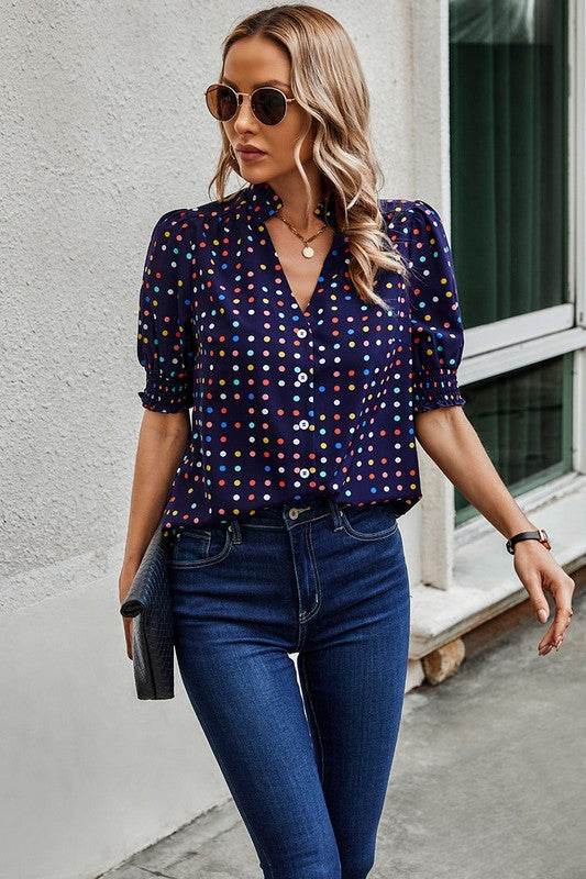 Polka Dot Print Puff Sleeve Loose Shirt