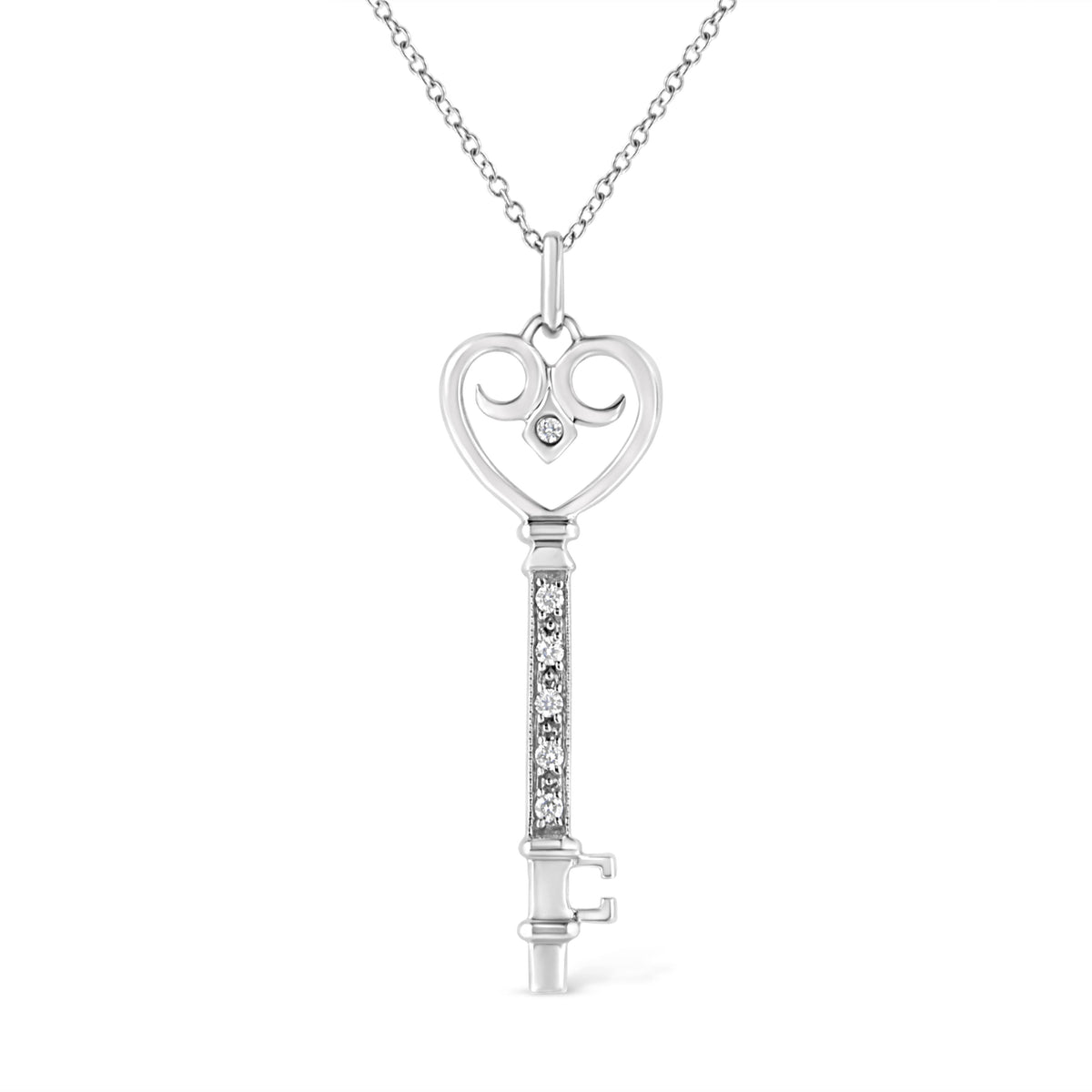 .925 Sterling Silver Pave and Bezel-Set Diamond Accent Key 18" Heart and Lock Pendant Necklace (K-L Color, I1-I2 Clarity)