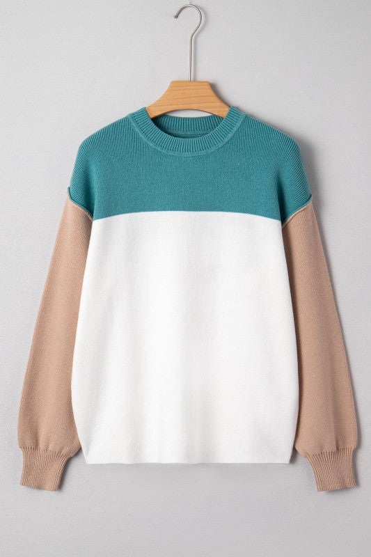 Colorblock Ribbed Knit Long Sleeve Sweater