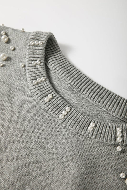Solid Pearl Drop Shoulder Round Neck Sweater