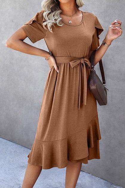 Petal Sleeve Ruffle Trim Wrap Belted Midi Dress