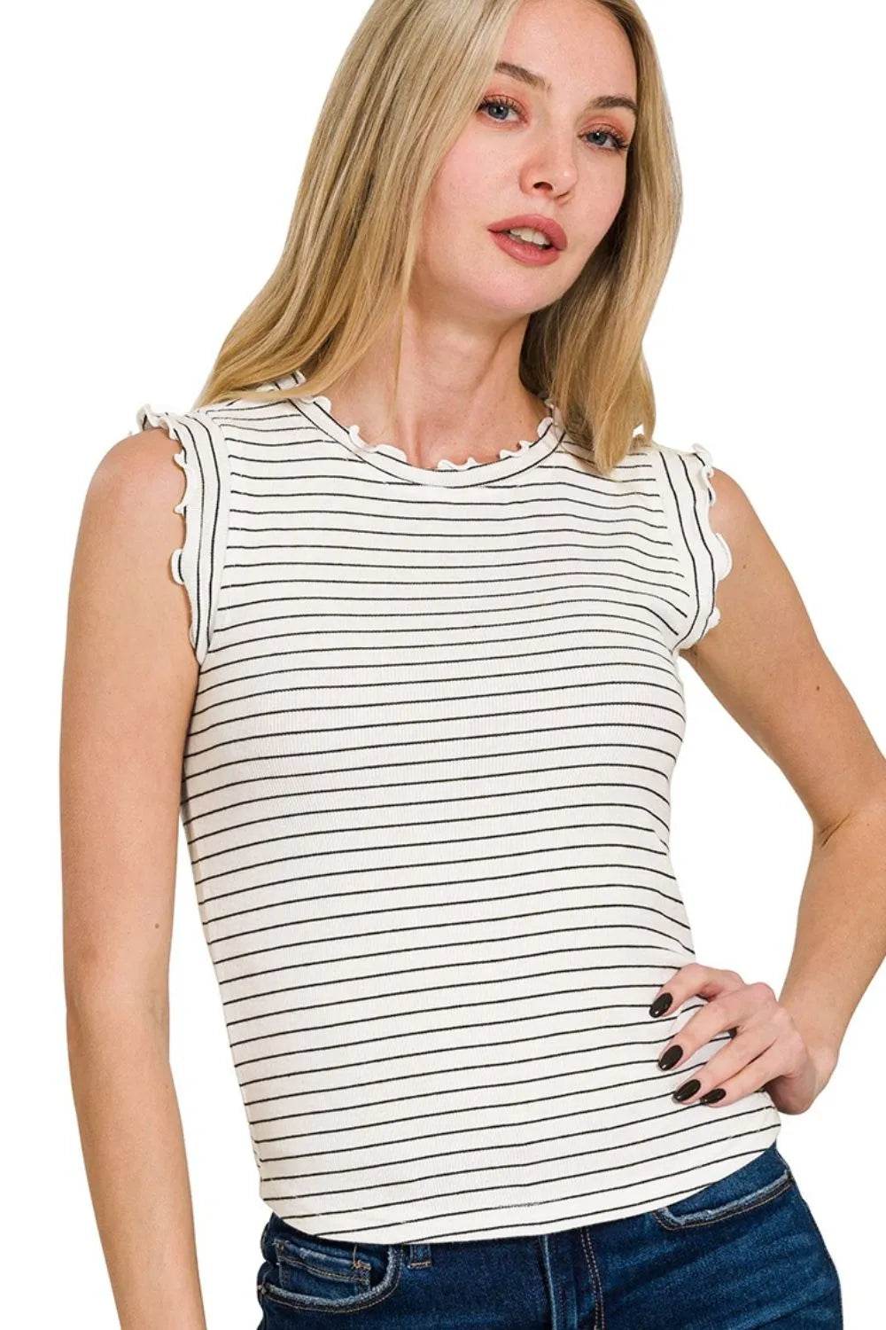 Zenana Ribbed Ruffle Trim Sleeveless Stripe Top