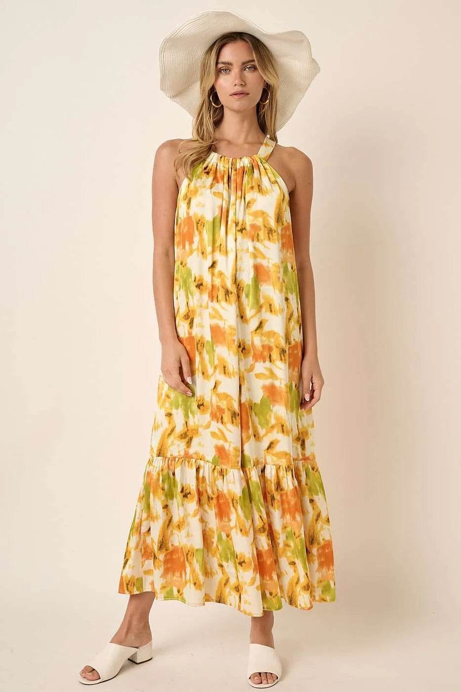 Mittoshop Watercolor Print Halter Neck Satin Maxi Dress
