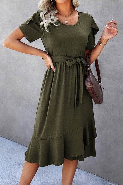 Petal Sleeve Ruffle Trim Wrap Belted Midi Dress